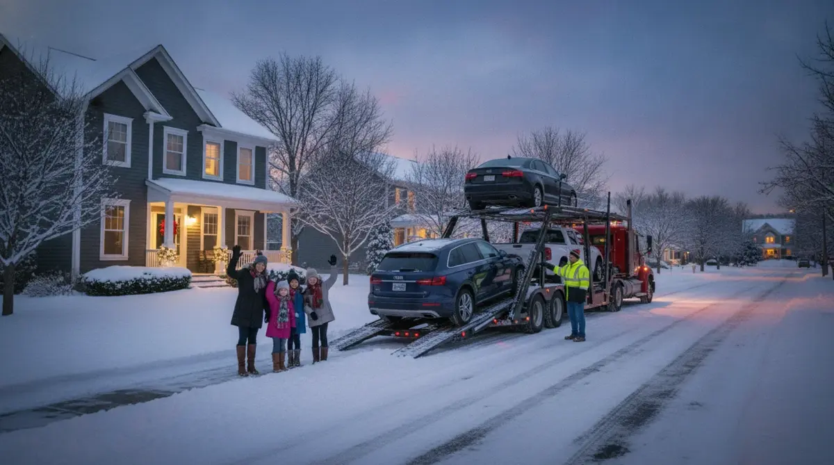Family waving as an SUV is unloaded from a car carrier on a snowy street