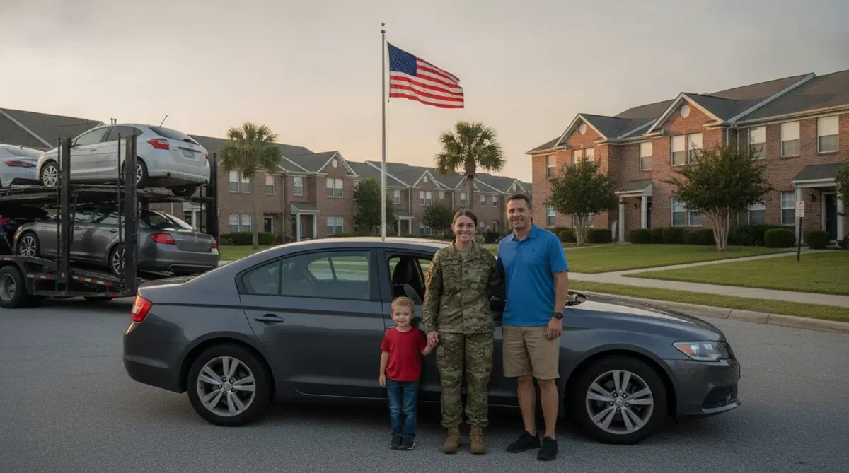 A military family standing beside their sedan in base housing with a car carrier nearby