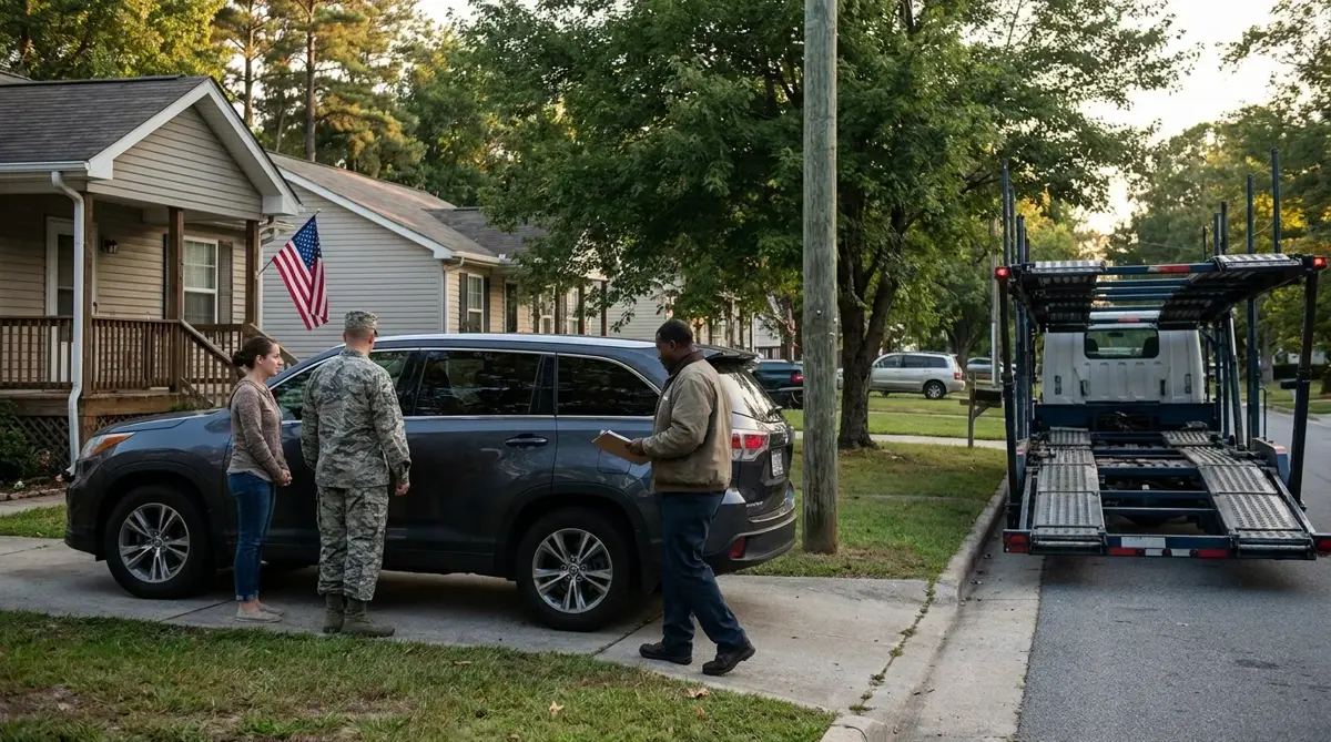 A service member and spouse with their SUV as the transport driver checks it before loading