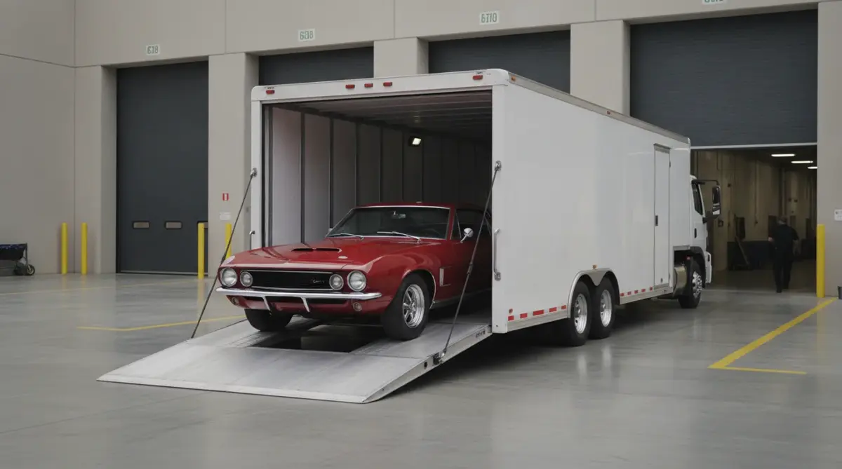 A red show car rolling down the ramp of an enclosed car hauler at a loading dock