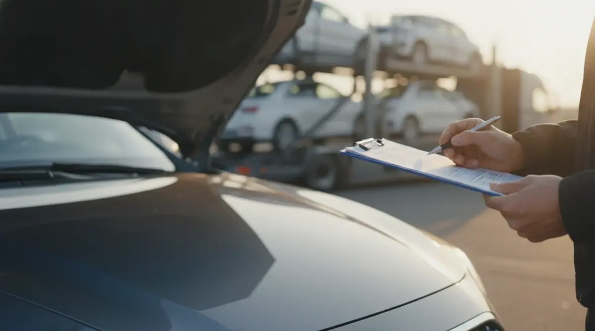 Signing the Bill of Lading on the hood of a car at delivery