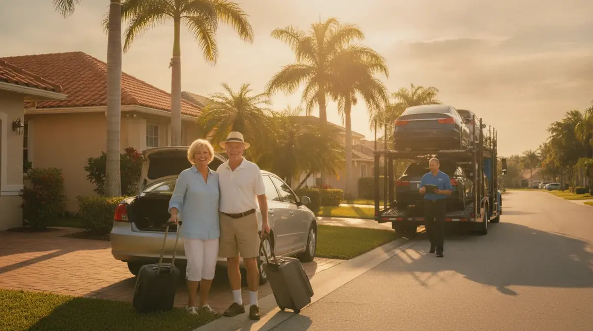 Retired couple in a Florida driveway as a car carrier arrives for their sedan