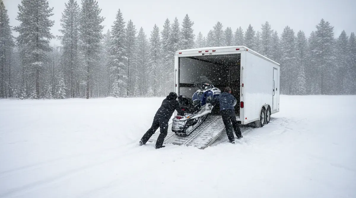 Two people pushing a snowmobile up a ramp into an enclosed trailer in the snow