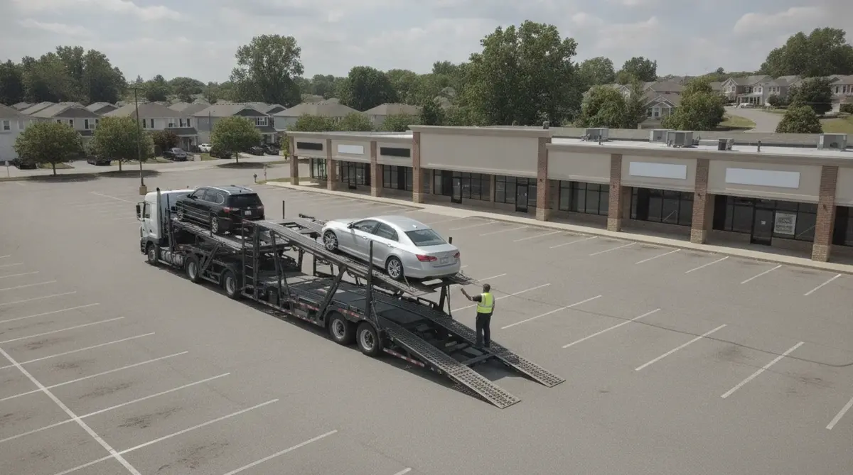 Car carrier loading a sedan in a shopping center parking lot