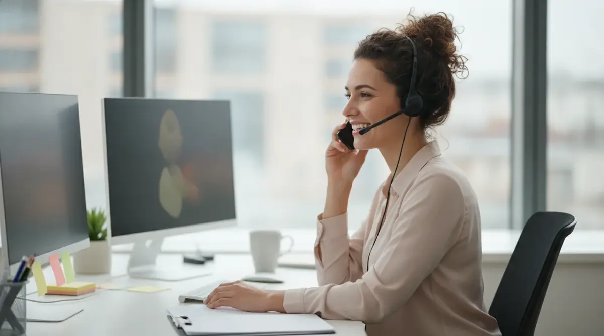 A customer support team member on the phone at a bright office desk