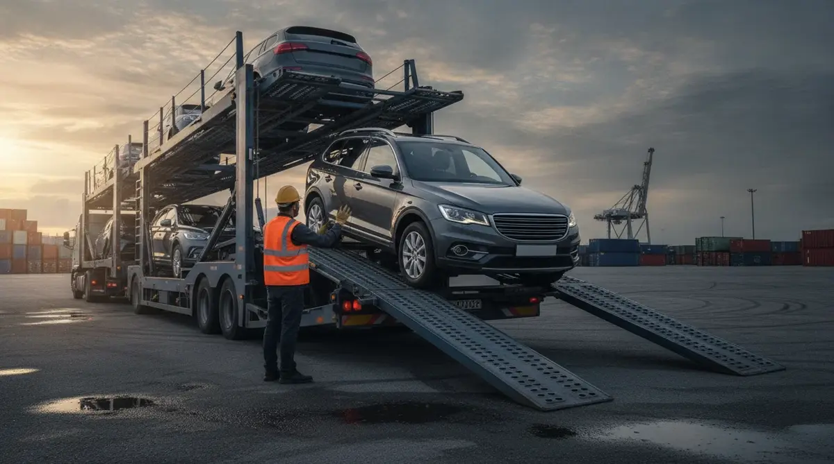 An SUV being driven up the ramps onto the upper deck of a car carrier