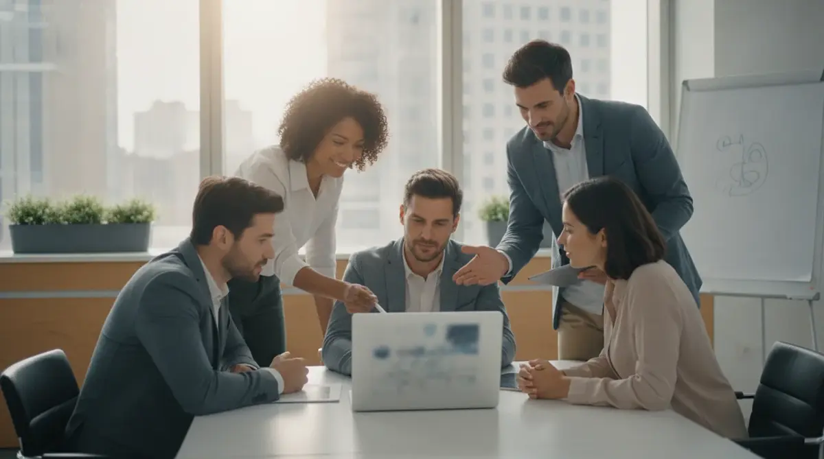 Office team reviewing a shipment together on a laptop