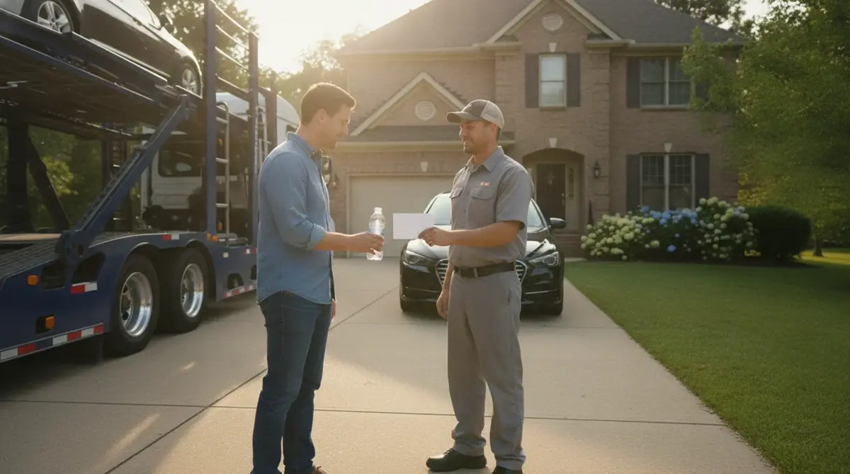A car owner thanking the transport driver with a bottle of water in the driveway