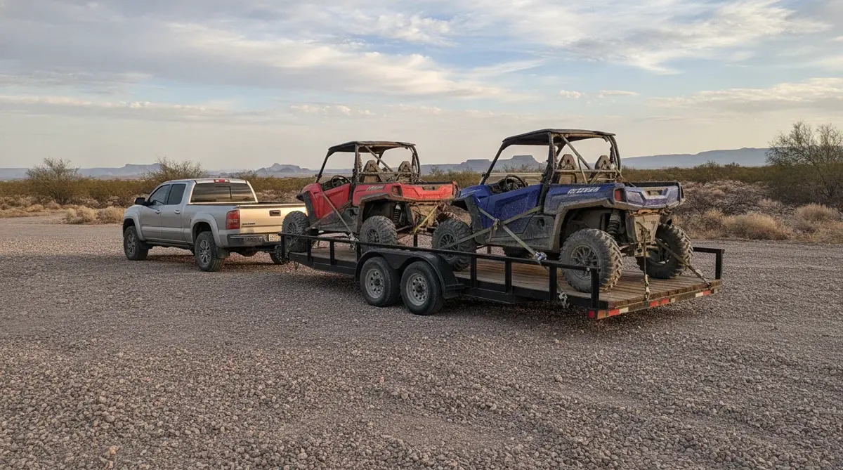Two side-by-side UTVs strapped down on a utility trailer behind a pickup