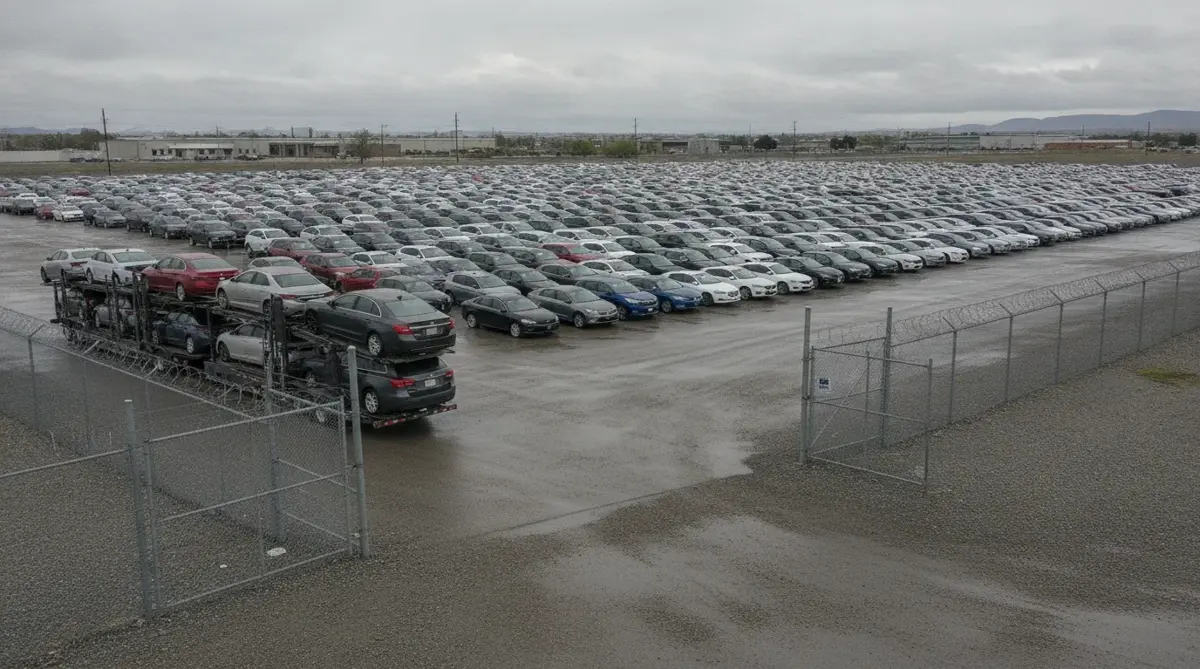 A fenced vehicle storage lot with a loaded car carrier at the gate