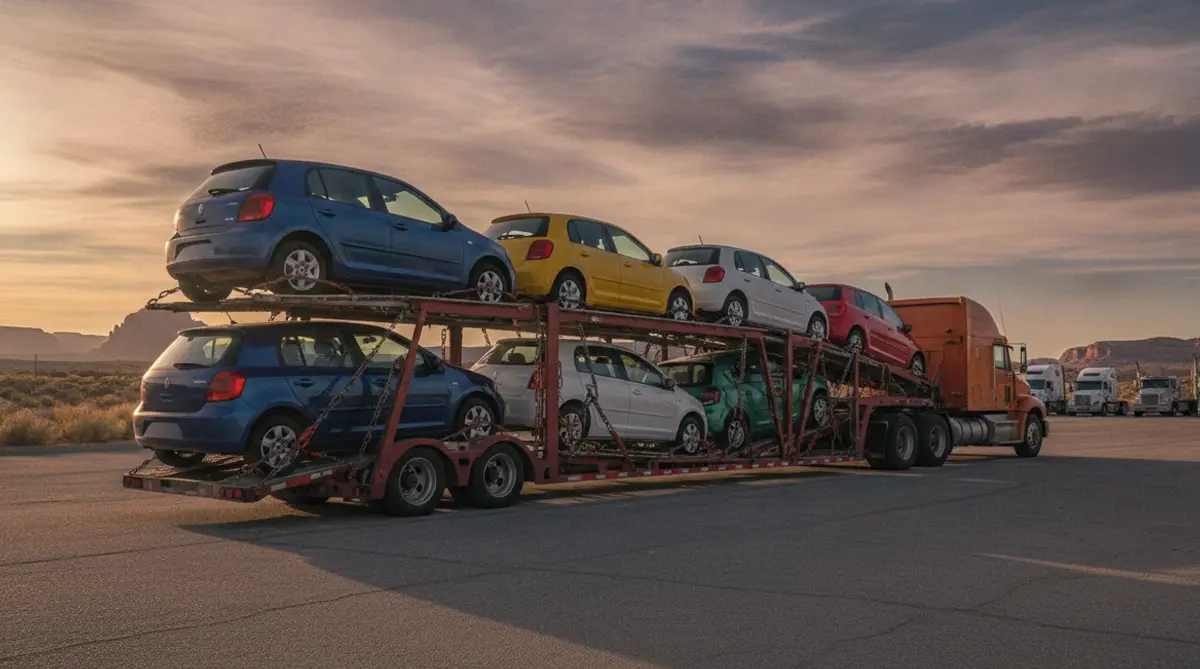 Compact hatchbacks chained on both decks of an open car carrier parked in a desert lot at sunset