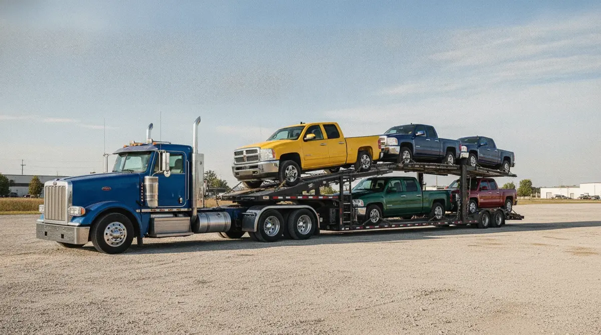 Full-size pickup trucks chained on both decks of an open car carrier in a transport yard