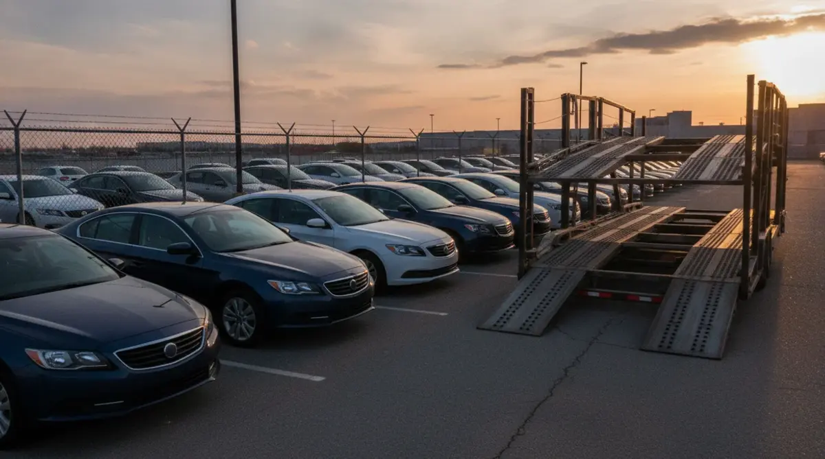Midsize and full-size sedans waiting in a vehicle lot beside an open car carrier with its ramps down