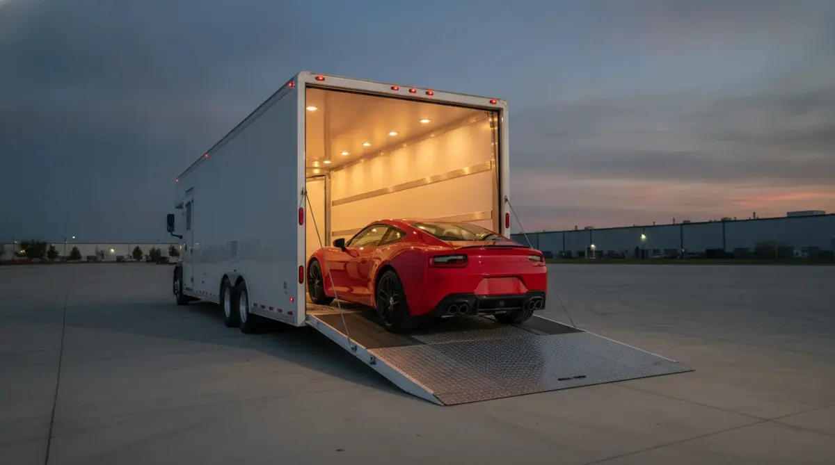 A red sports coupe on the rear loading ramp of a lit enclosed car hauler at dusk