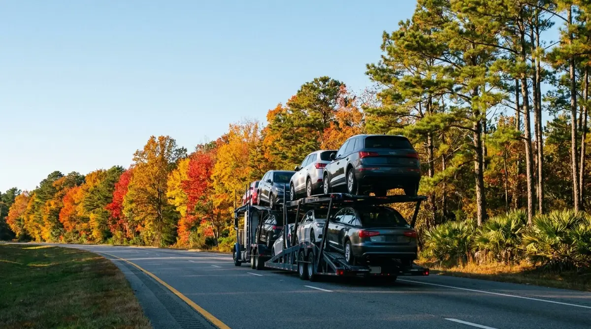 Auto transport route from Boston to Miami — car carrier on highway