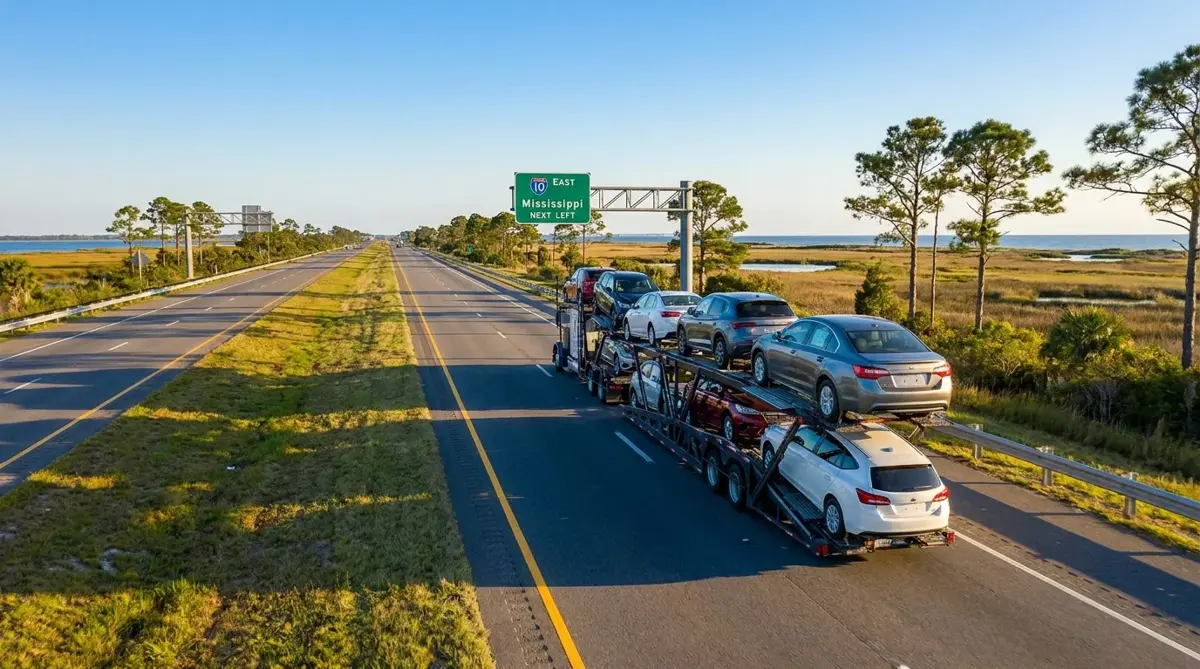 Auto transport route from Houston to Miami — car carrier on highway