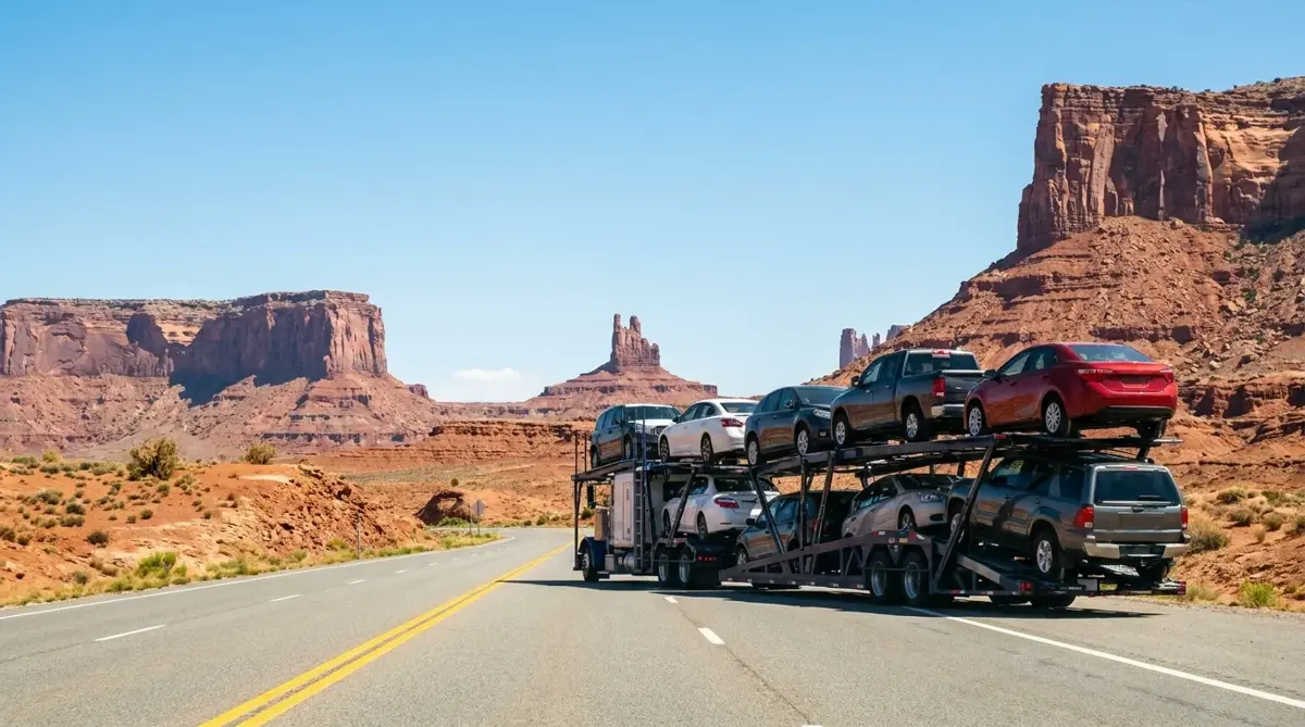Auto transport route from Las Vegas to Denver — car carrier on highway