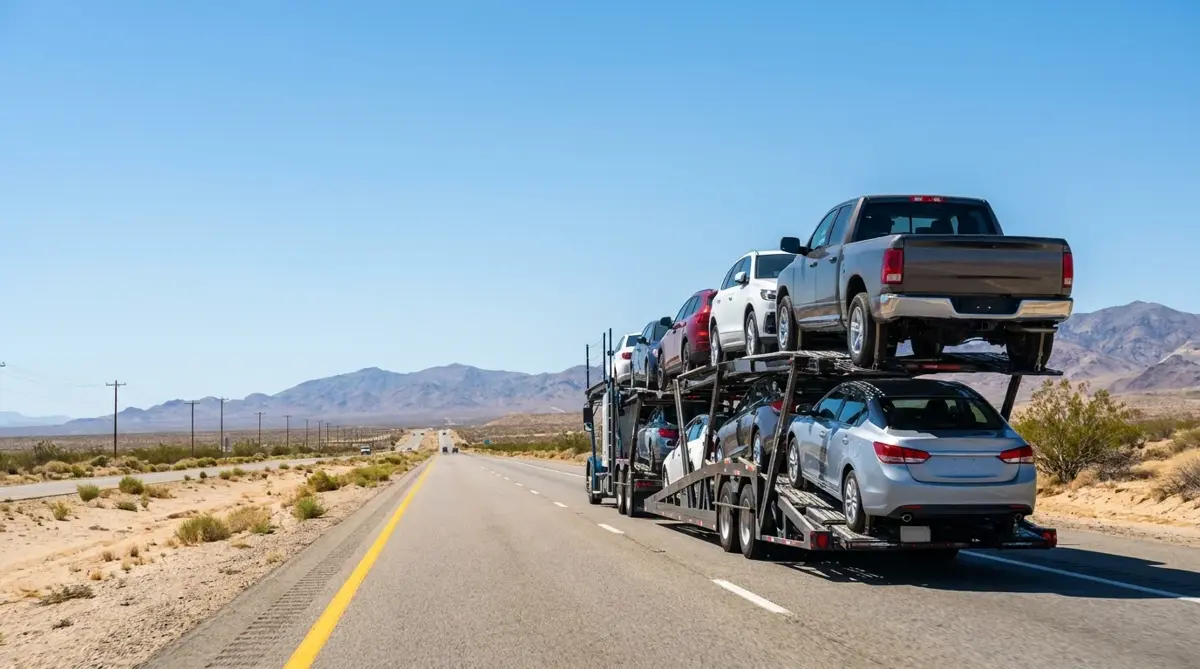 Auto transport route from Las Vegas to Los Angeles — car carrier on highway