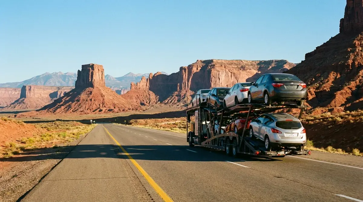 Auto transport route from Los Angeles to New York — car carrier on highway