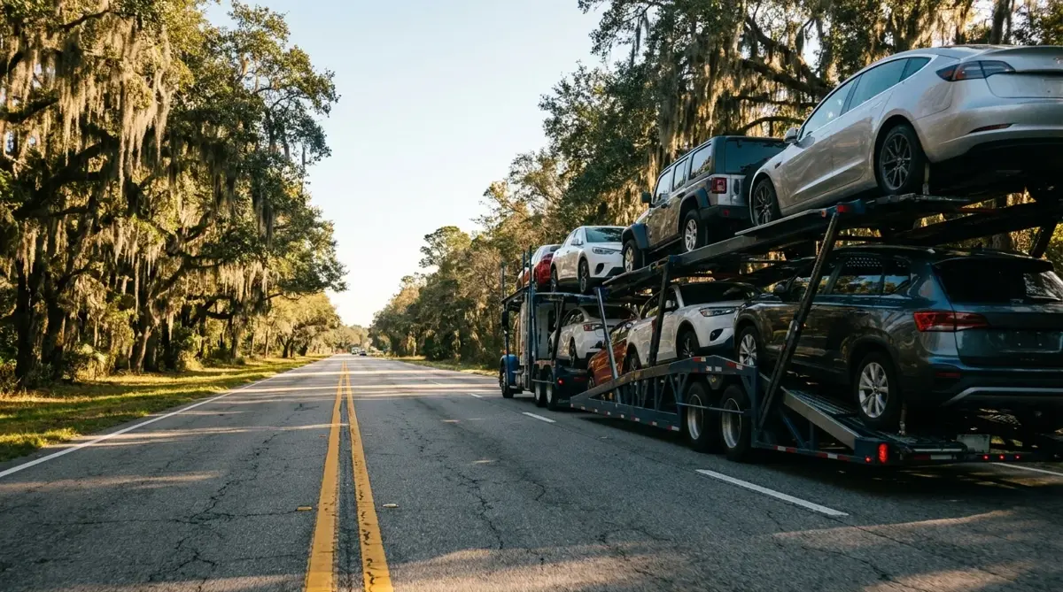 Auto transport route from Miami to New York — car carrier on highway