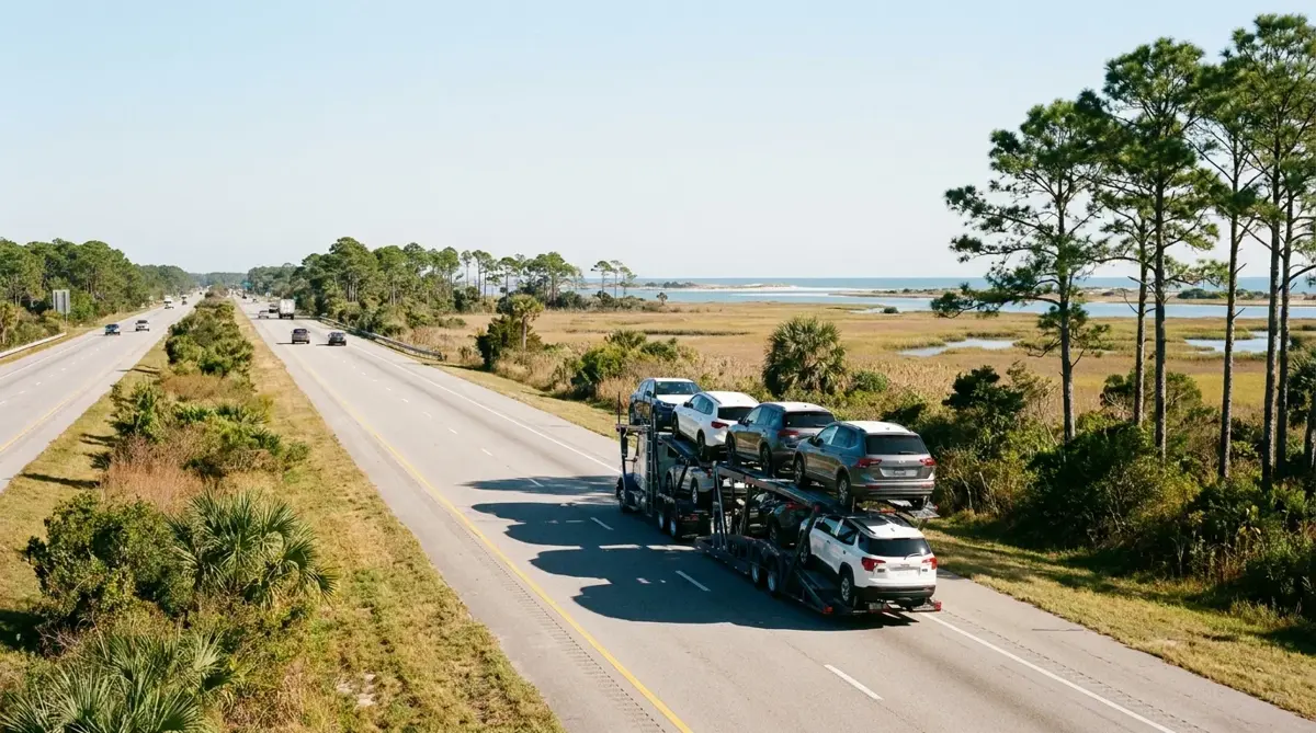 Auto transport route from New York to Miami — car carrier on highway
