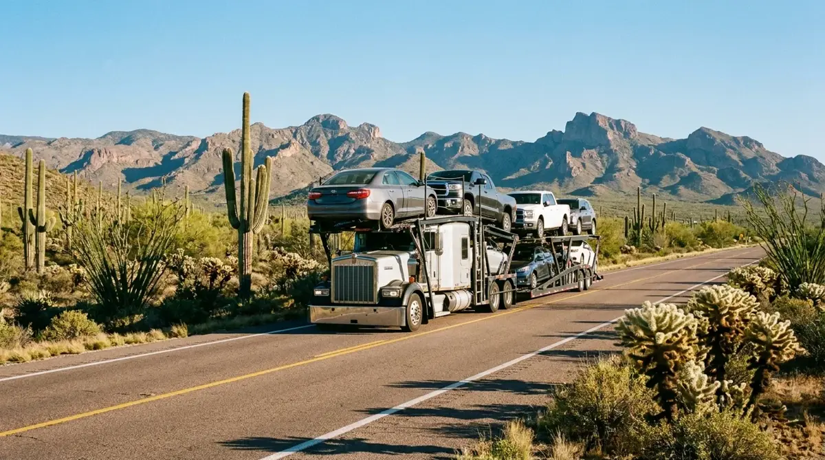 Auto transport route from Phoenix to Los Angeles — car carrier on highway