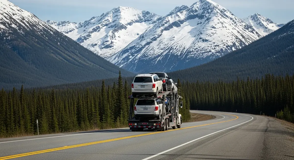 Auto transport car carrier truck driving through Alaska landscape