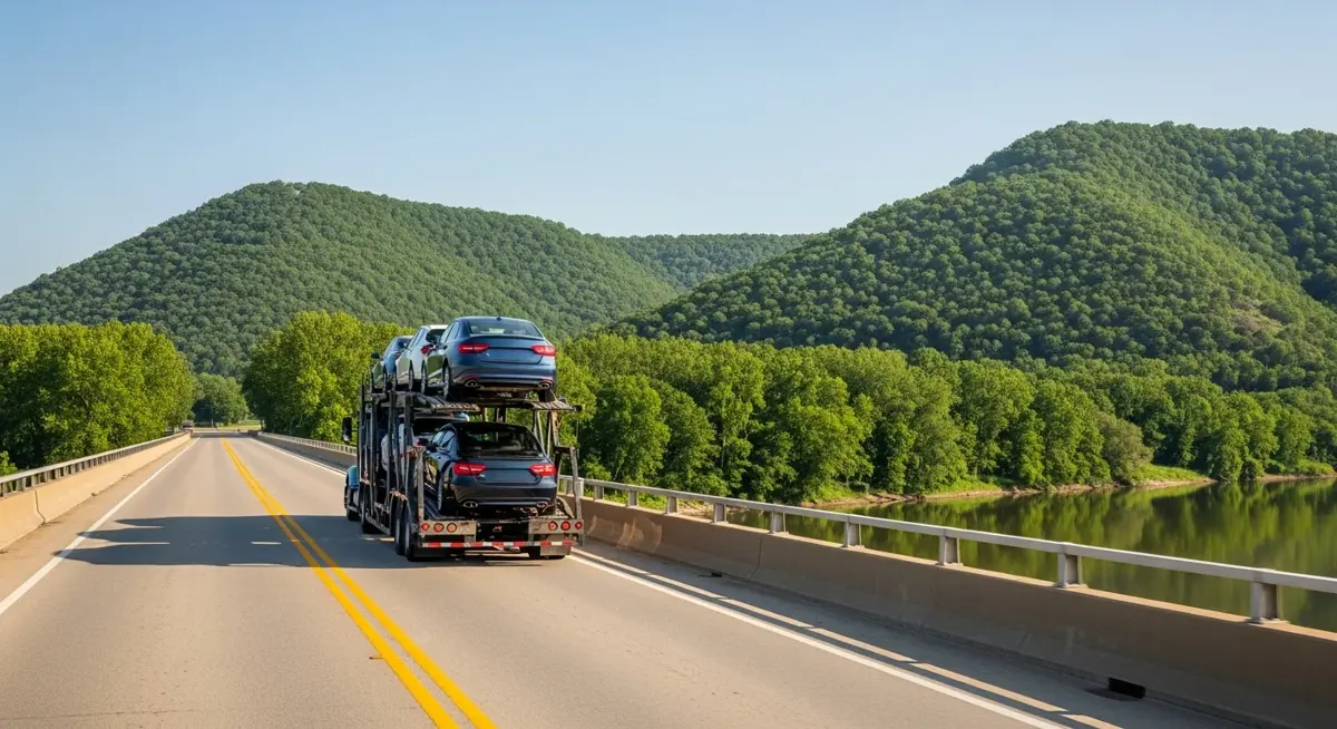 Auto transport car carrier truck driving through Arkansas landscape
