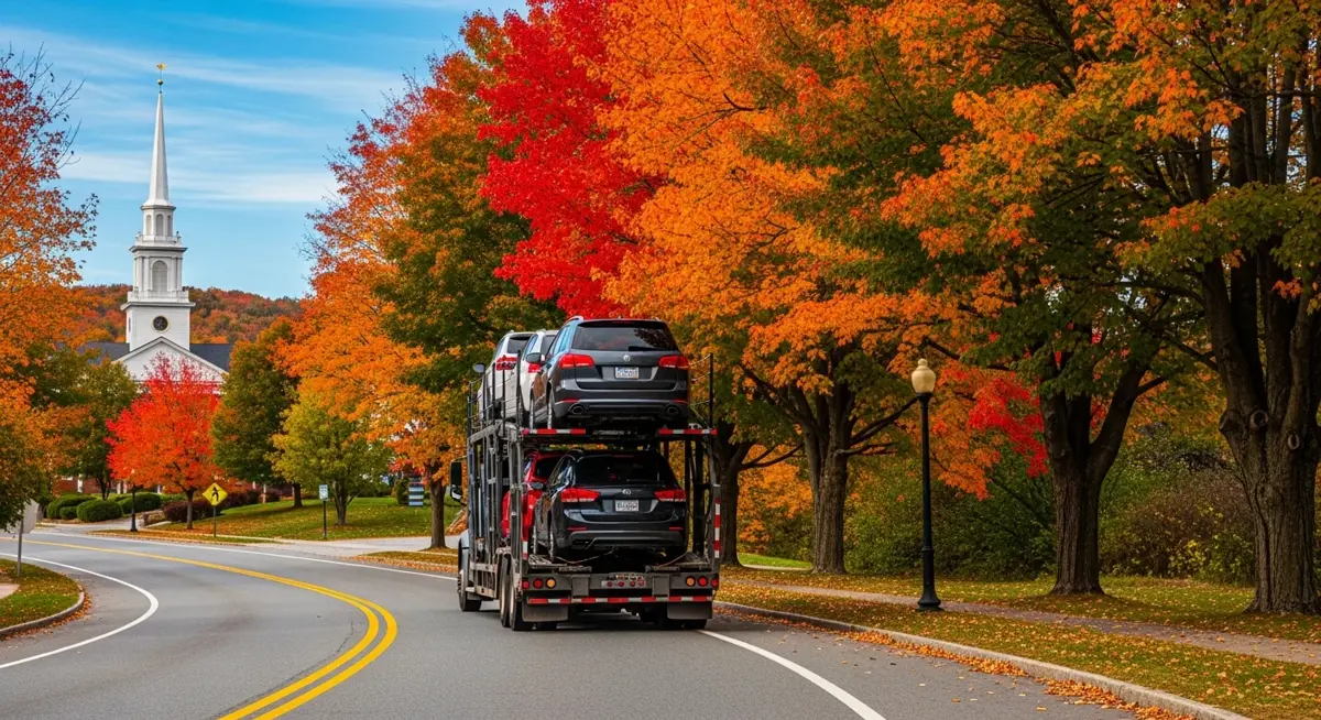 Auto transport car carrier truck driving through Connecticut landscape