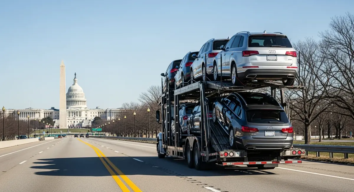 Auto transport car carrier truck driving through District of Columbia landscape
