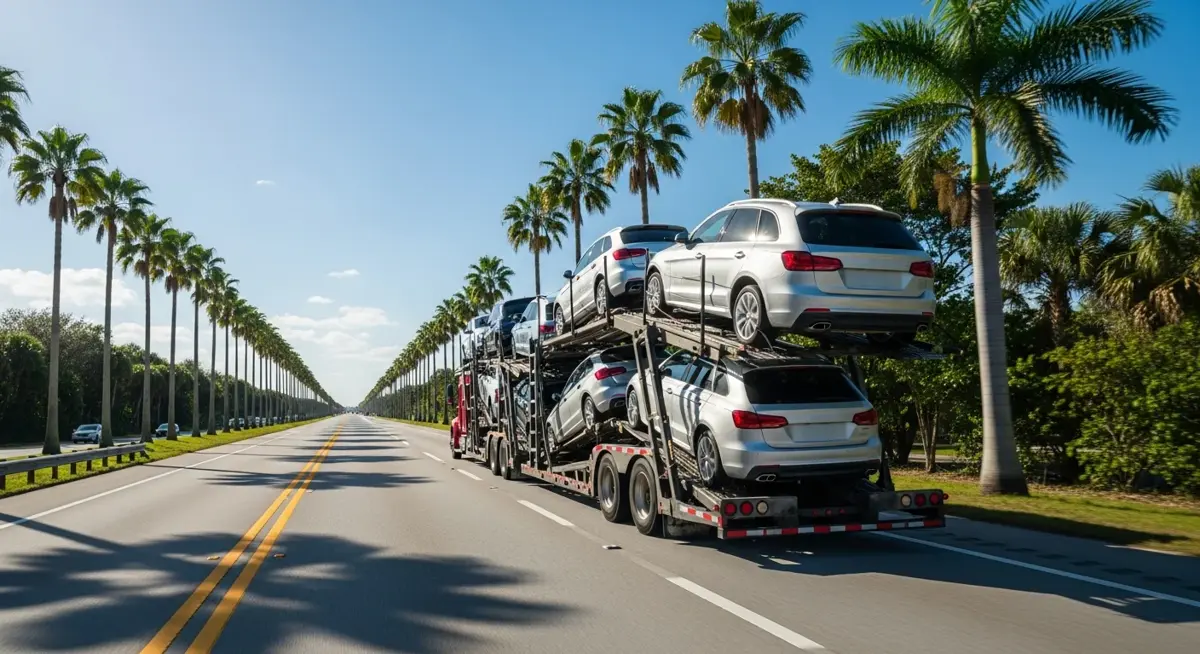 Auto transport car carrier truck driving through Florida landscape