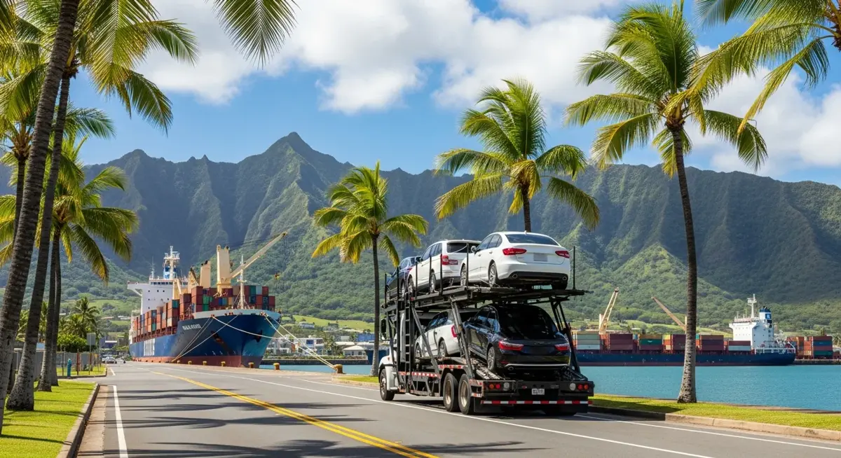 Auto transport car carrier truck driving through Hawaii landscape