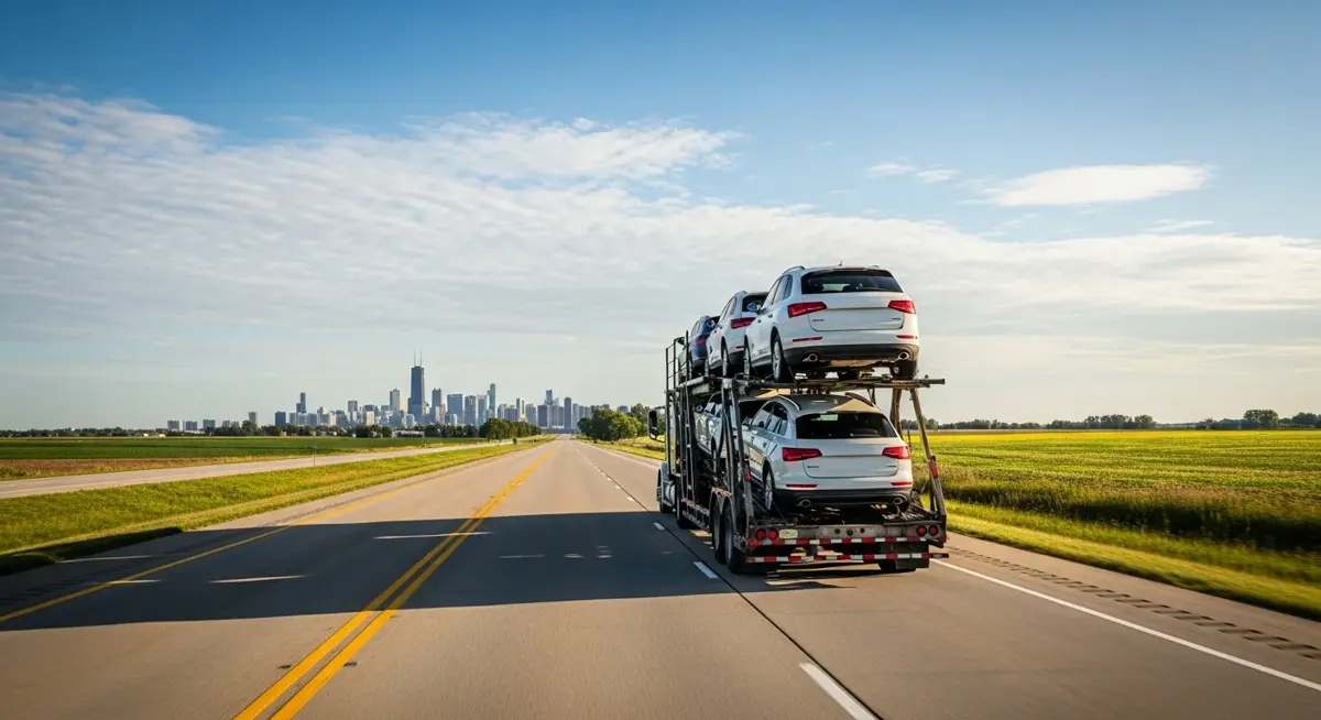 Auto transport car carrier truck driving through Illinois landscape