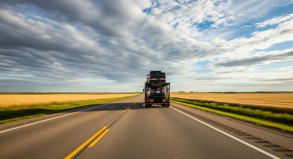 Auto transport car carrier truck driving through Kansas landscape