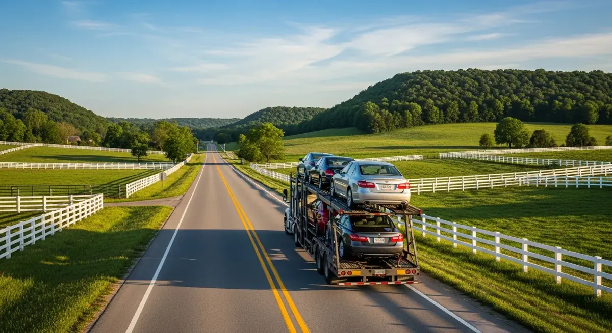 Auto transport car carrier truck driving through Kentucky landscape