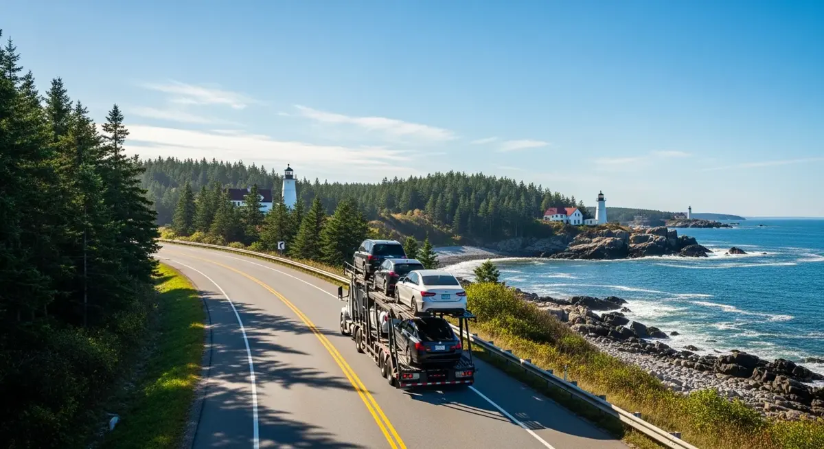 Auto transport car carrier truck driving through Maine landscape