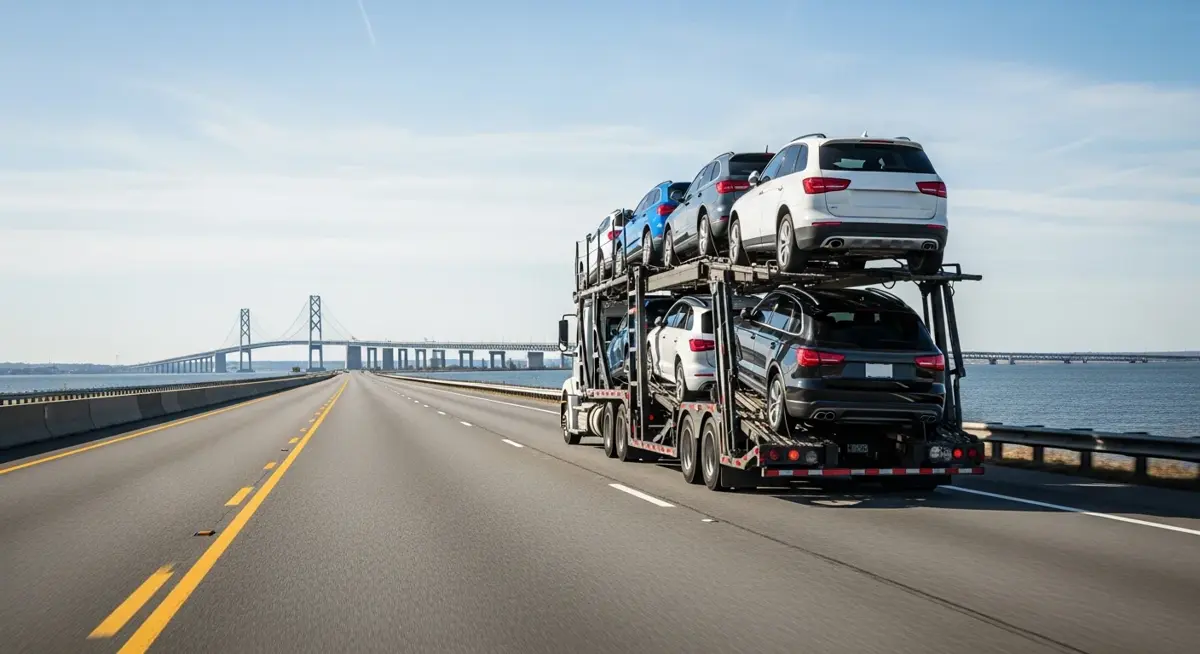 Auto transport car carrier truck driving through Maryland landscape
