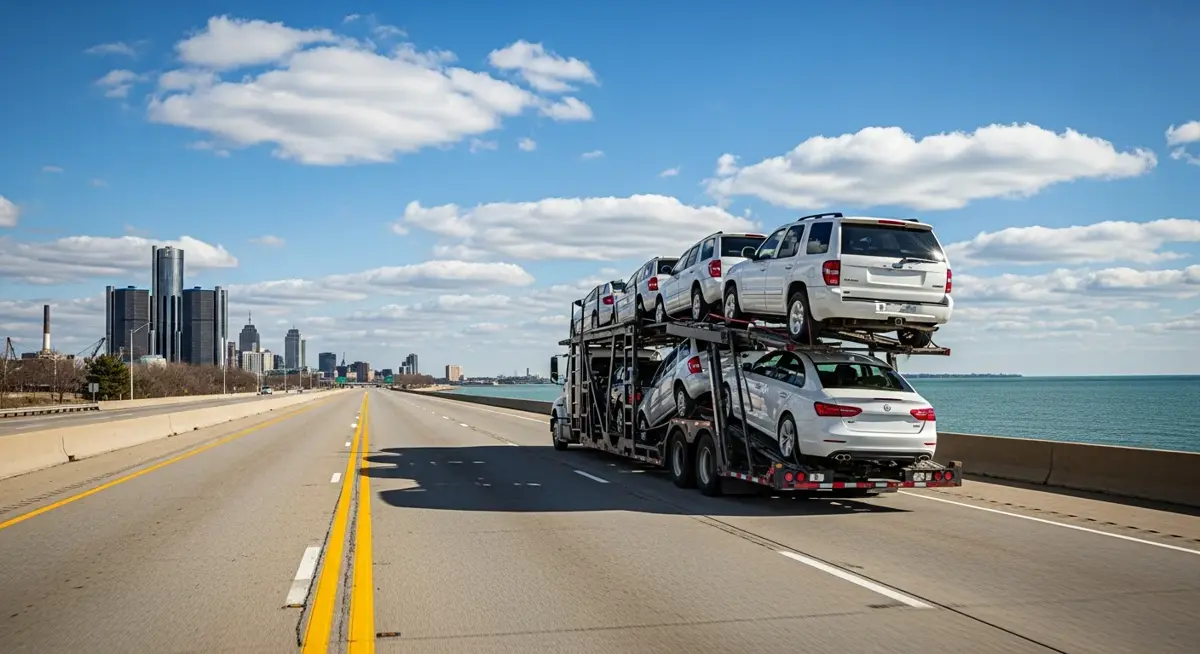 Auto transport car carrier truck driving through Michigan landscape