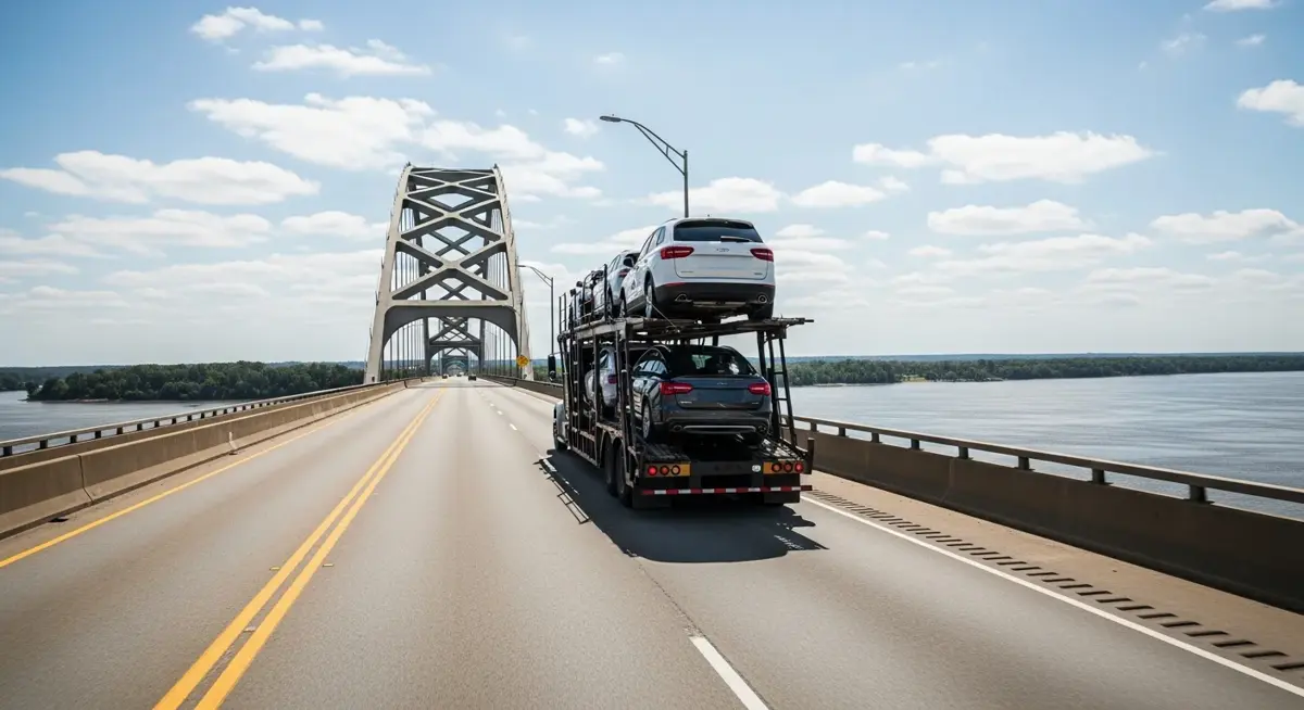 Auto transport car carrier truck driving through Mississippi landscape