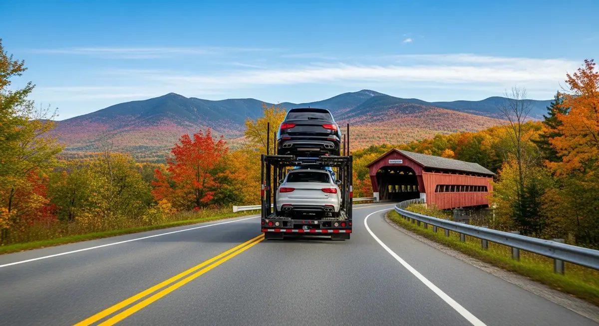 Auto transport car carrier truck driving through New Hampshire landscape