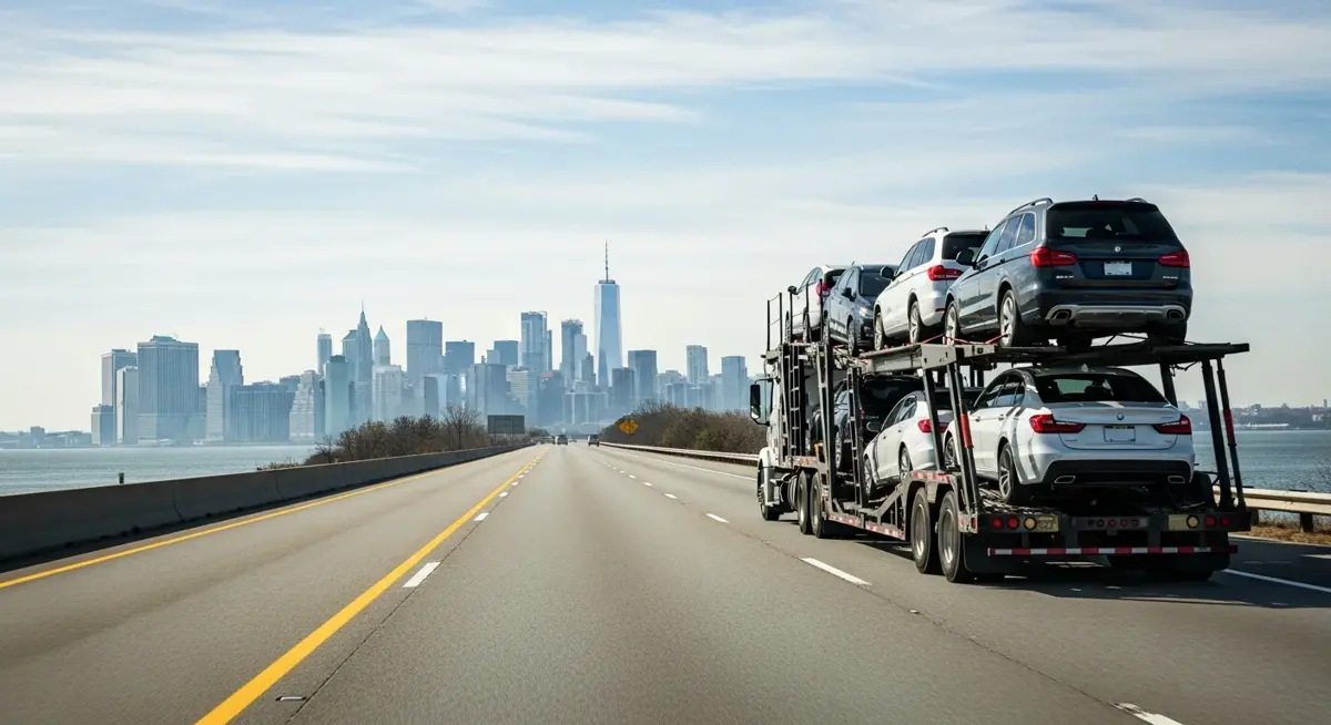 Auto transport car carrier truck driving through New Jersey landscape