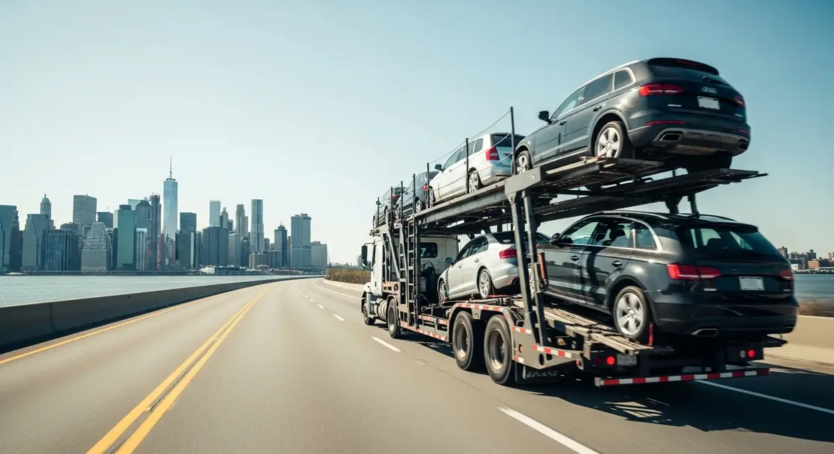 Auto transport car carrier truck driving through New York landscape
