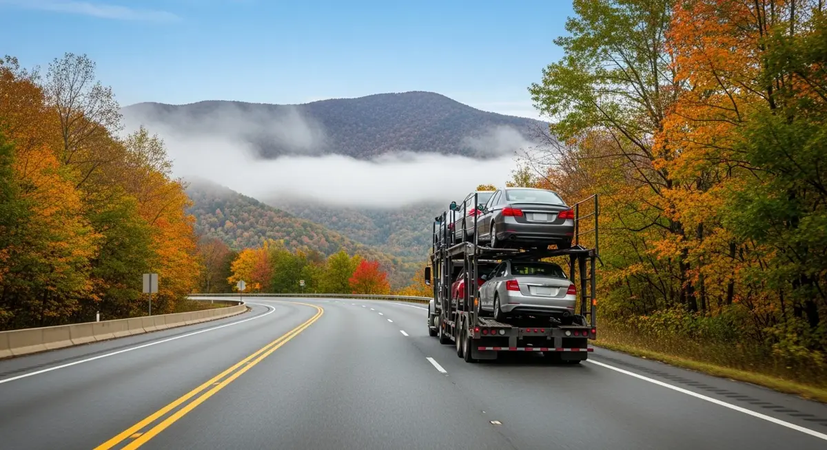 Auto transport car carrier truck driving through North Carolina landscape