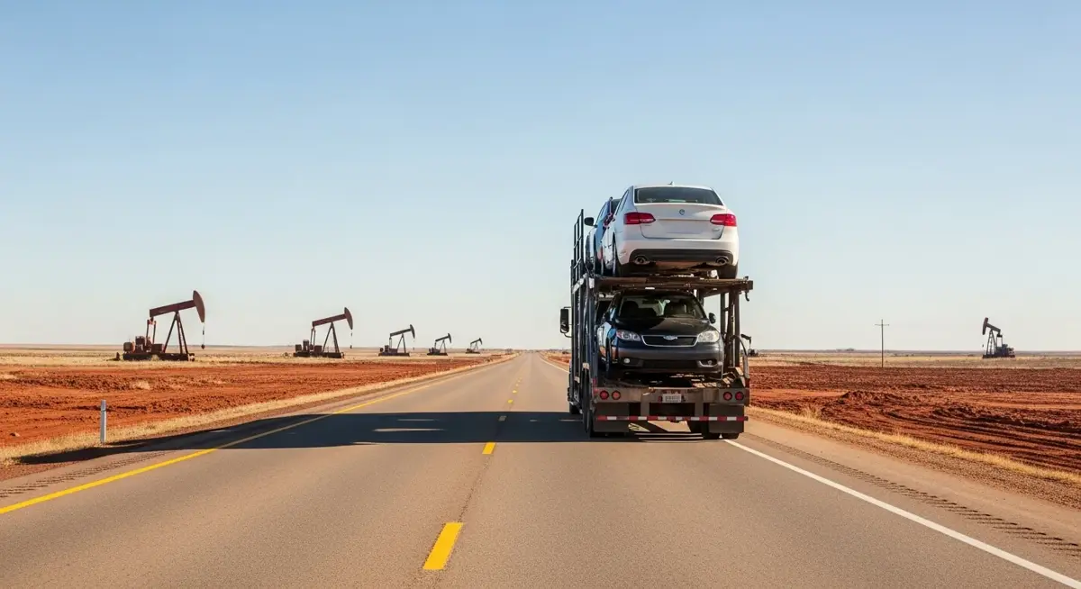 Auto transport car carrier truck driving through Oklahoma landscape