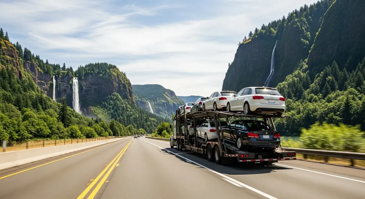 Auto transport car carrier truck driving through Oregon landscape