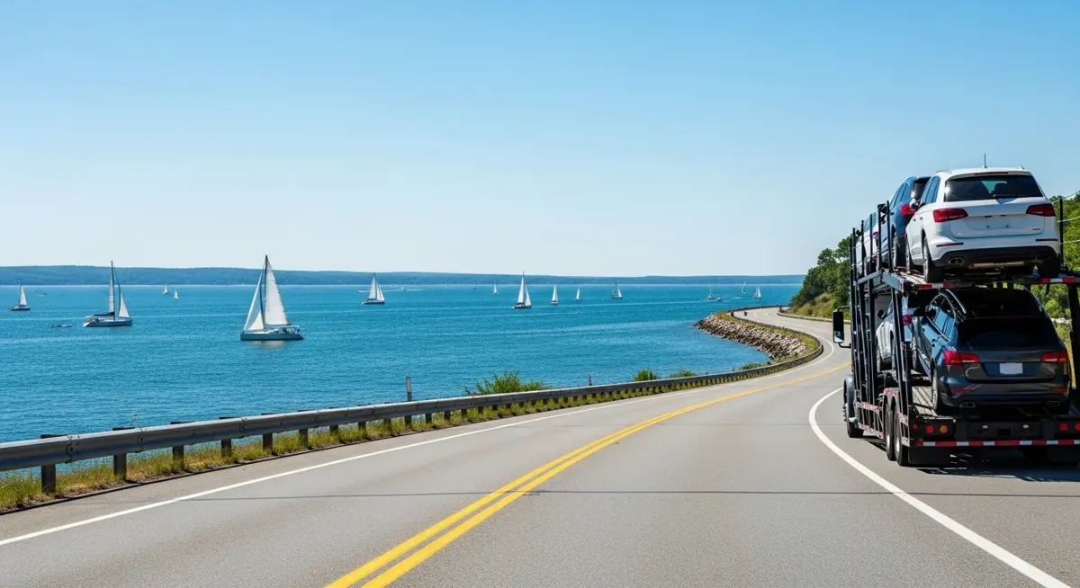Auto transport car carrier truck driving through Rhode Island landscape