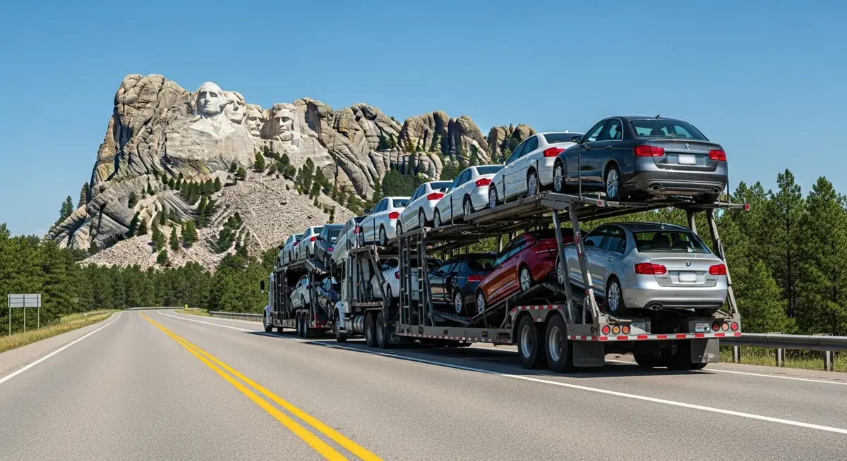 Auto transport car carrier truck driving through South Dakota landscape