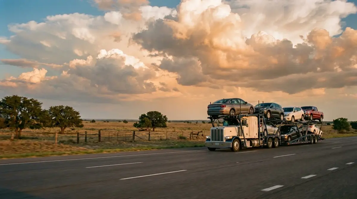 Auto transport car carrier truck driving through Texas landscape
