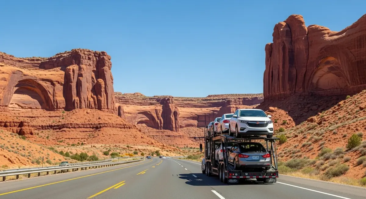 Auto transport car carrier truck driving through Utah landscape