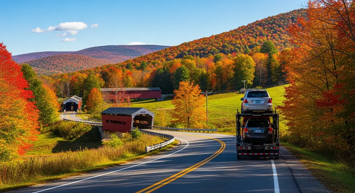 Auto transport car carrier truck driving through Vermont landscape